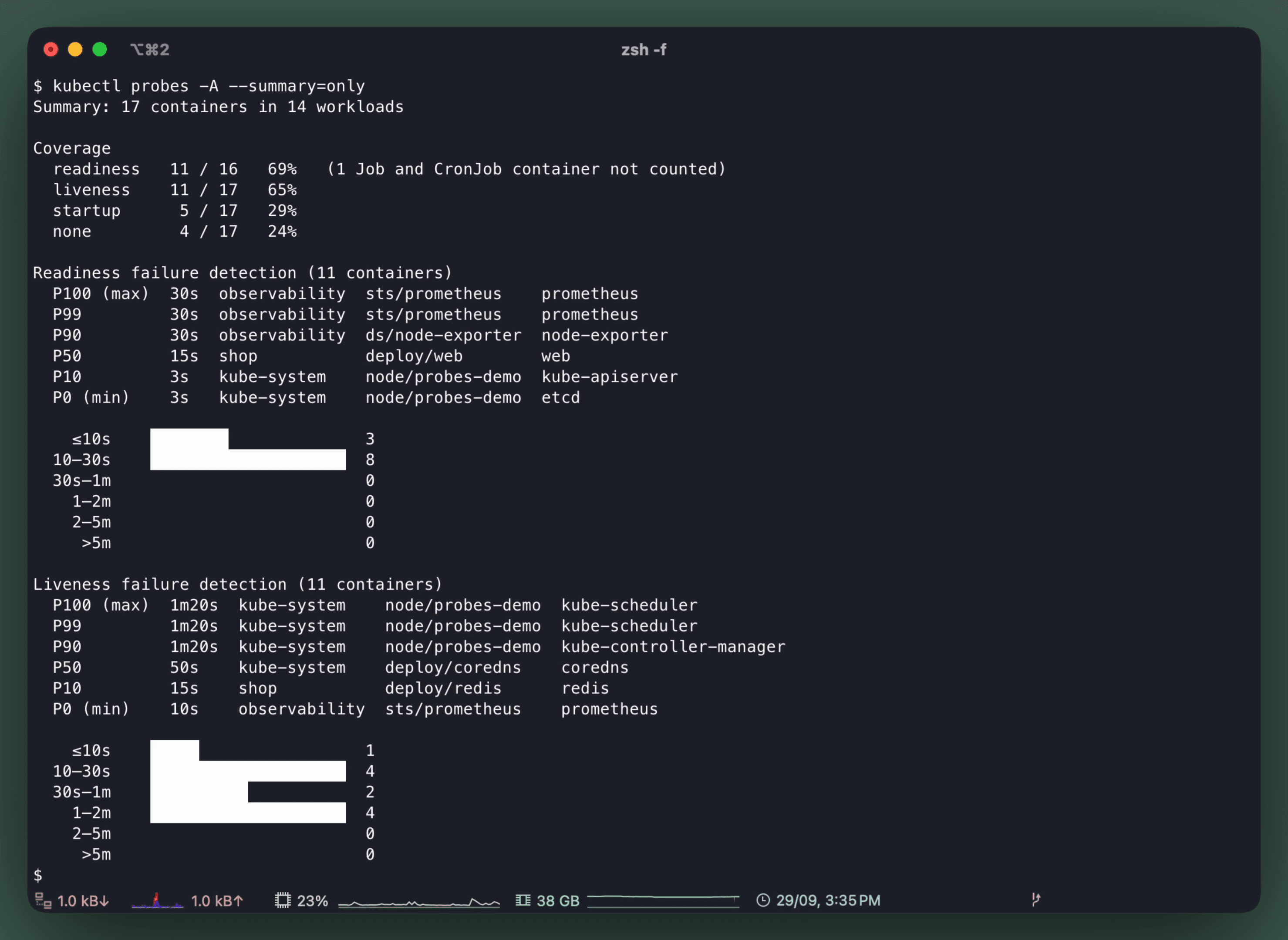 kubectl probes -A --summary=only: probe coverage by type, then readiness and liveness failure detection at P100, P99, P90, P50, P10 and P0 with the container named at each, and a histogram of each
