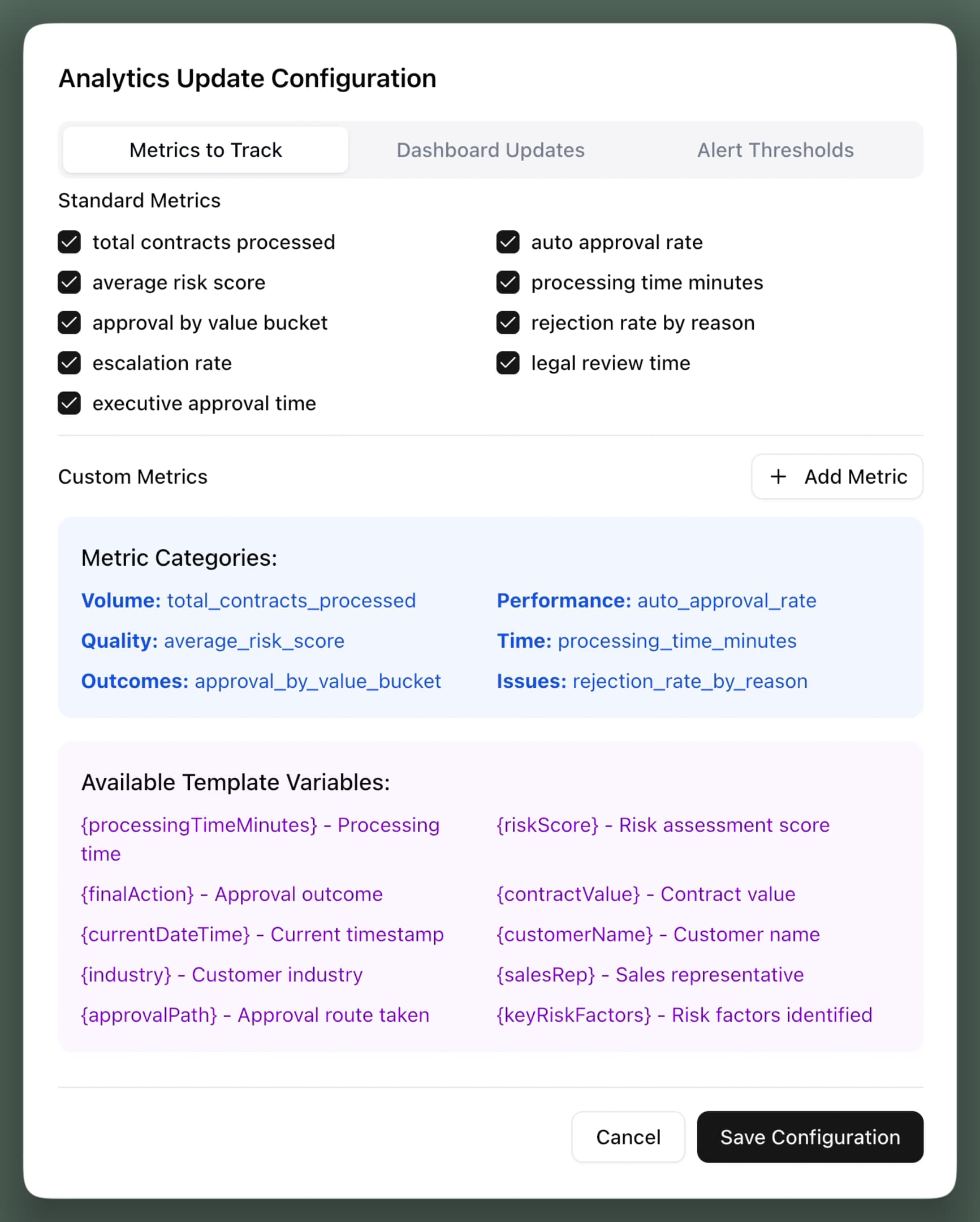 Analytics update configuration, metrics tab: contracts processed, auto approval rate, average risk score, processing time, approval by value bucket, rejection rate by reason, escalation rate, legal review time and executive approval time