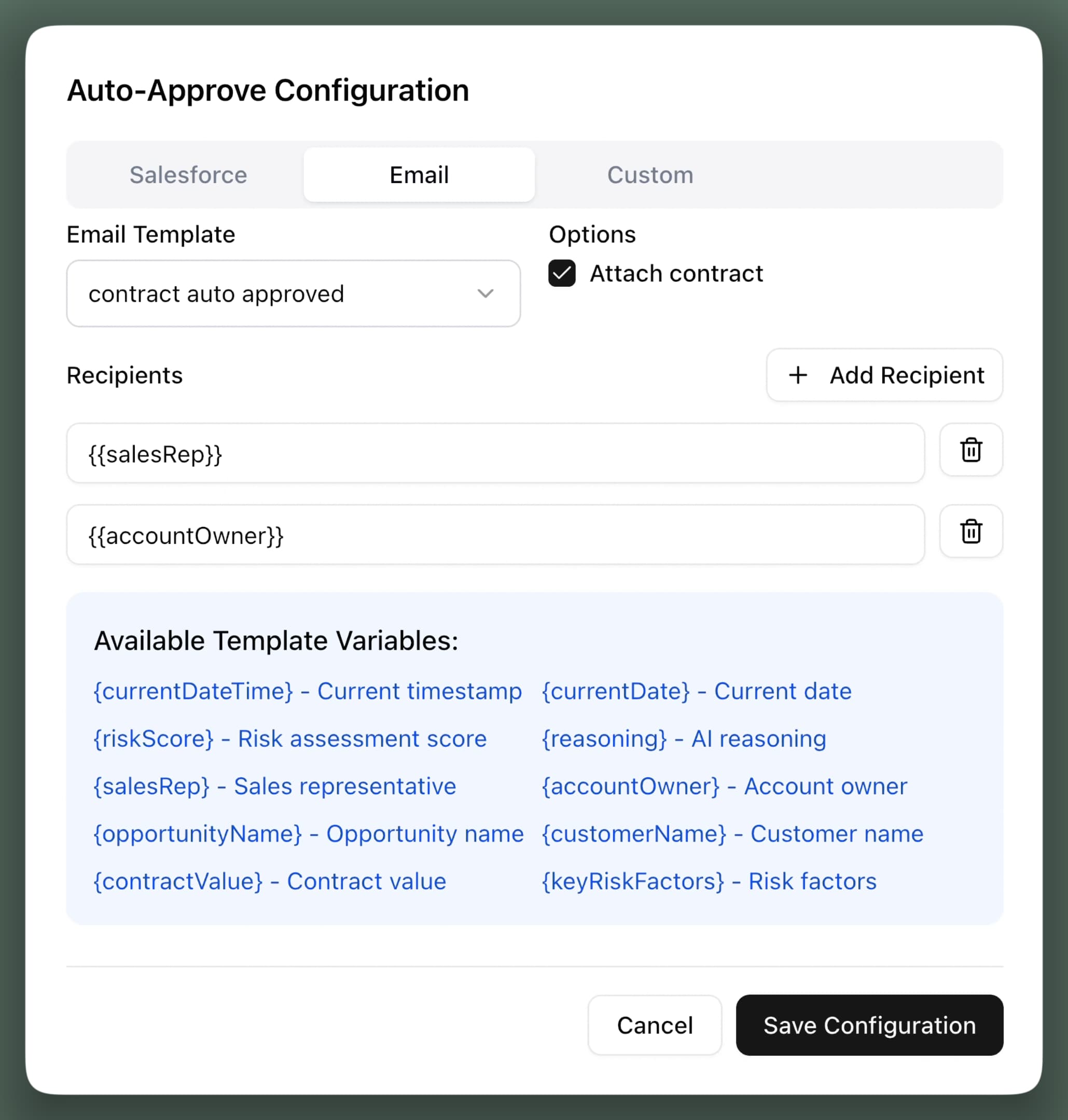 Auto-approve configuration, email tab: the contract auto approved template, attaching the contract, and the sales rep and account owner as recipients