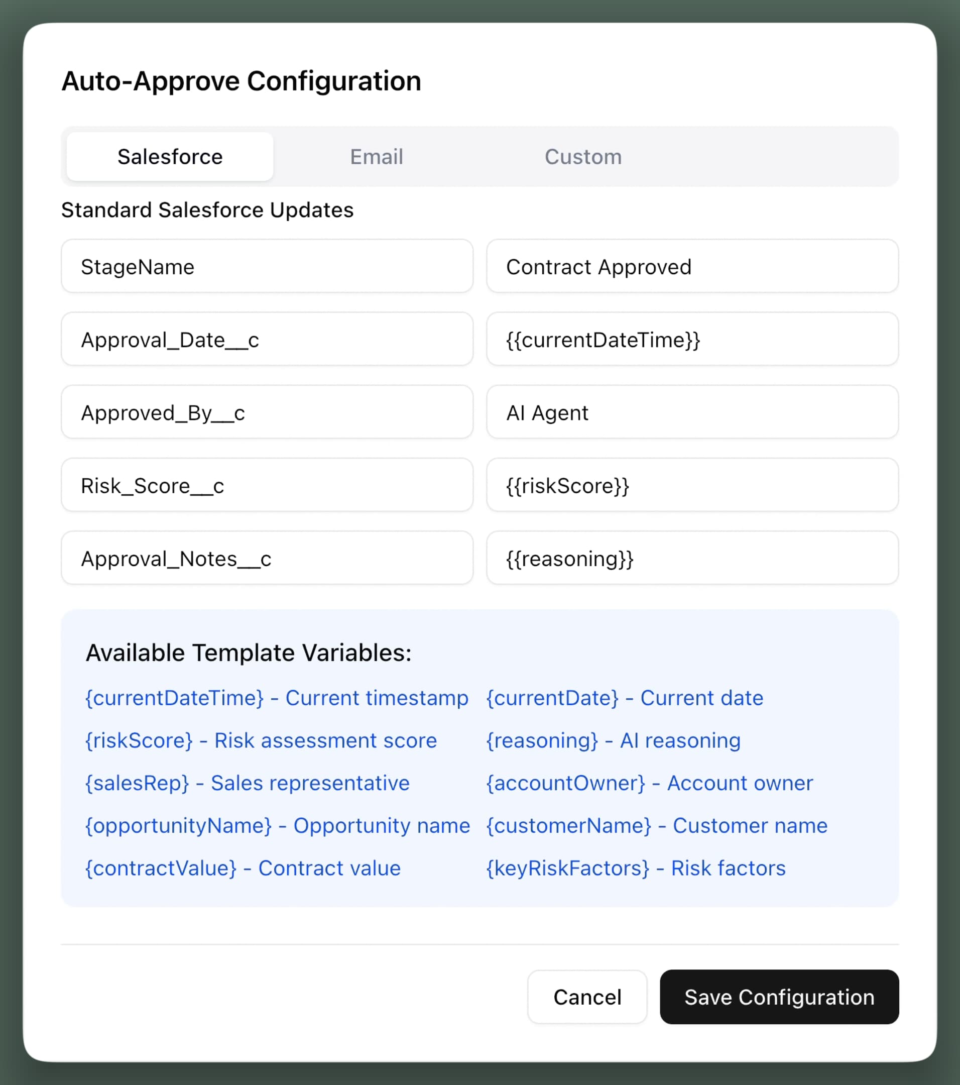 Auto-approve configuration, Salesforce tab: the stage, approval date, approver, risk score and approval notes it writes to the opportunity