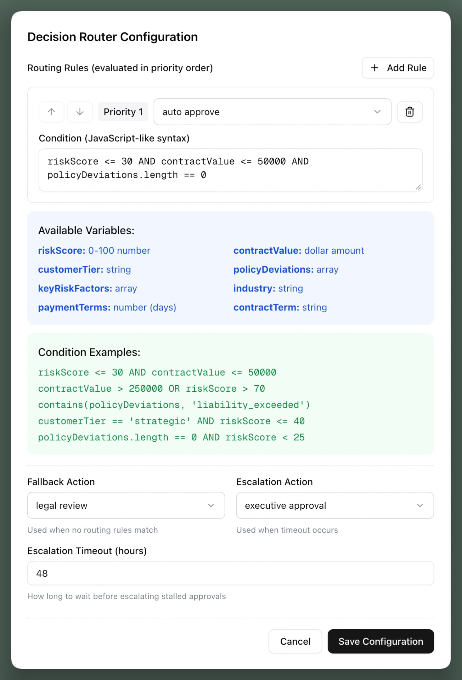 Decision router configuration: routing rules in priority order written as conditions, the available variables, condition examples, a fallback action, an escalation action and an escalation timeout of 48 hours