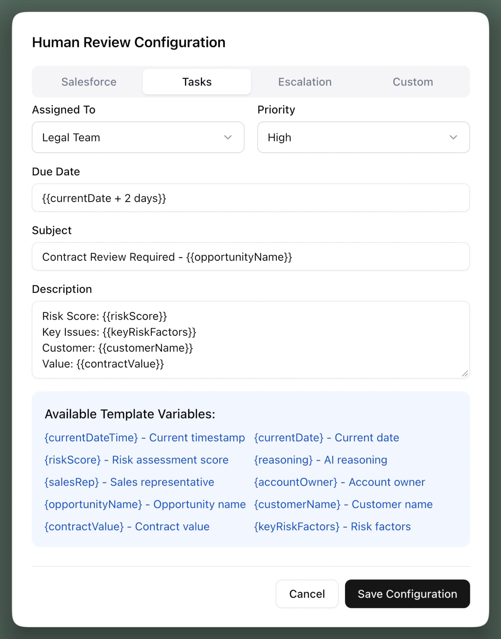 Human review configuration, tasks tab: assigned to the legal team at high priority, due in two days, with the risk score, key issues, customer and value in the description