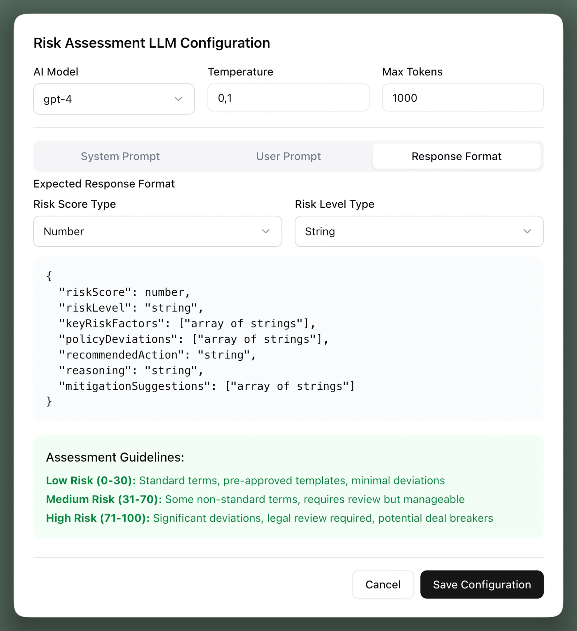 Risk assessment LLM configuration, response format tab: the JSON the model returns, with risk score, risk level, key risk factors, policy deviations, recommended action, reasoning and mitigation suggestions