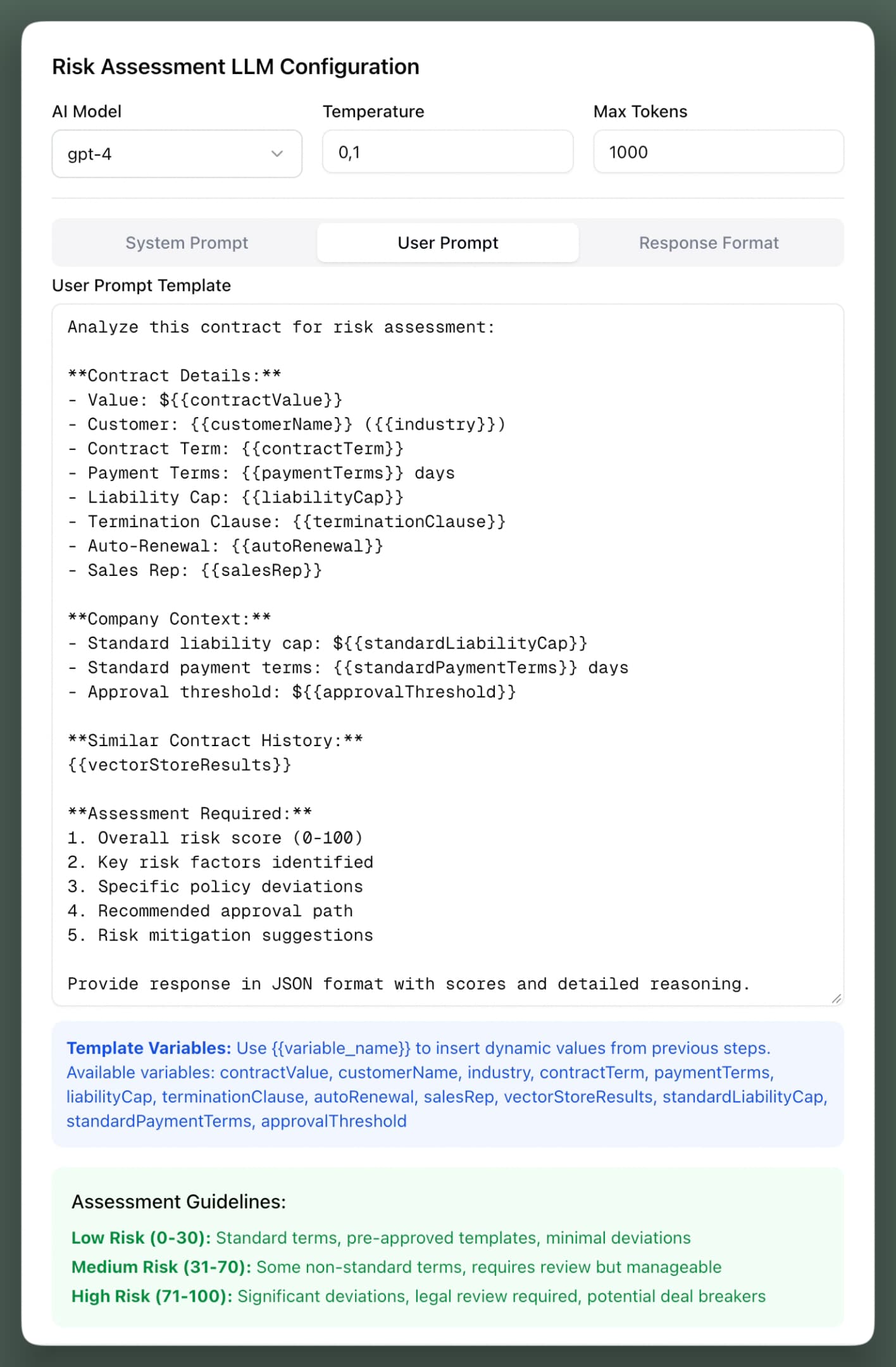 Risk assessment LLM configuration, user prompt tab: a template with the contract details, company context and similar contract history as variables