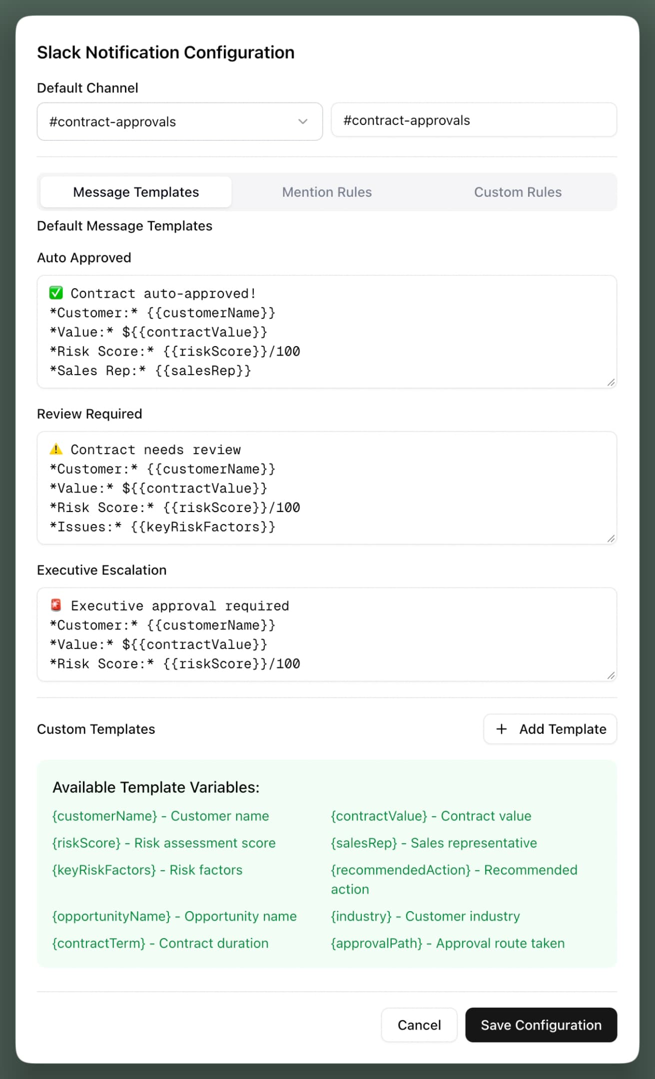 Slack notification configuration: the contract approvals channel and message templates for auto-approved, review required and executive escalation