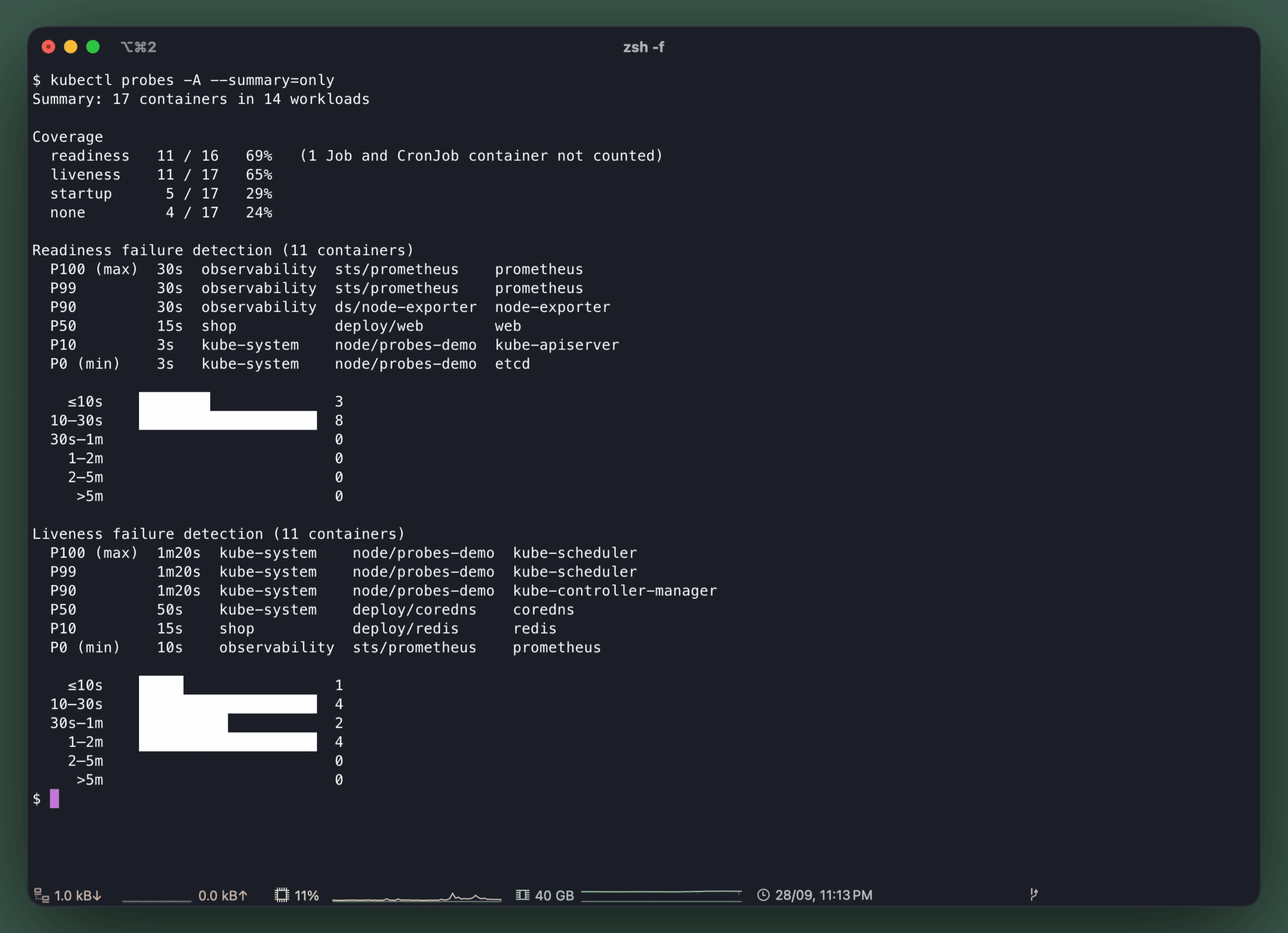 kubectl probes -A --summary=only: probe coverage and failure detection percentiles for every container in the cluster, with a histogram